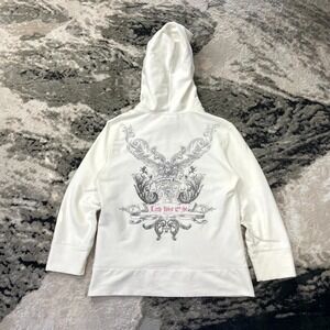 Y2K Vintage Grunge Bedazzled Graphic Hoodie White Streetwear Size M Coquette